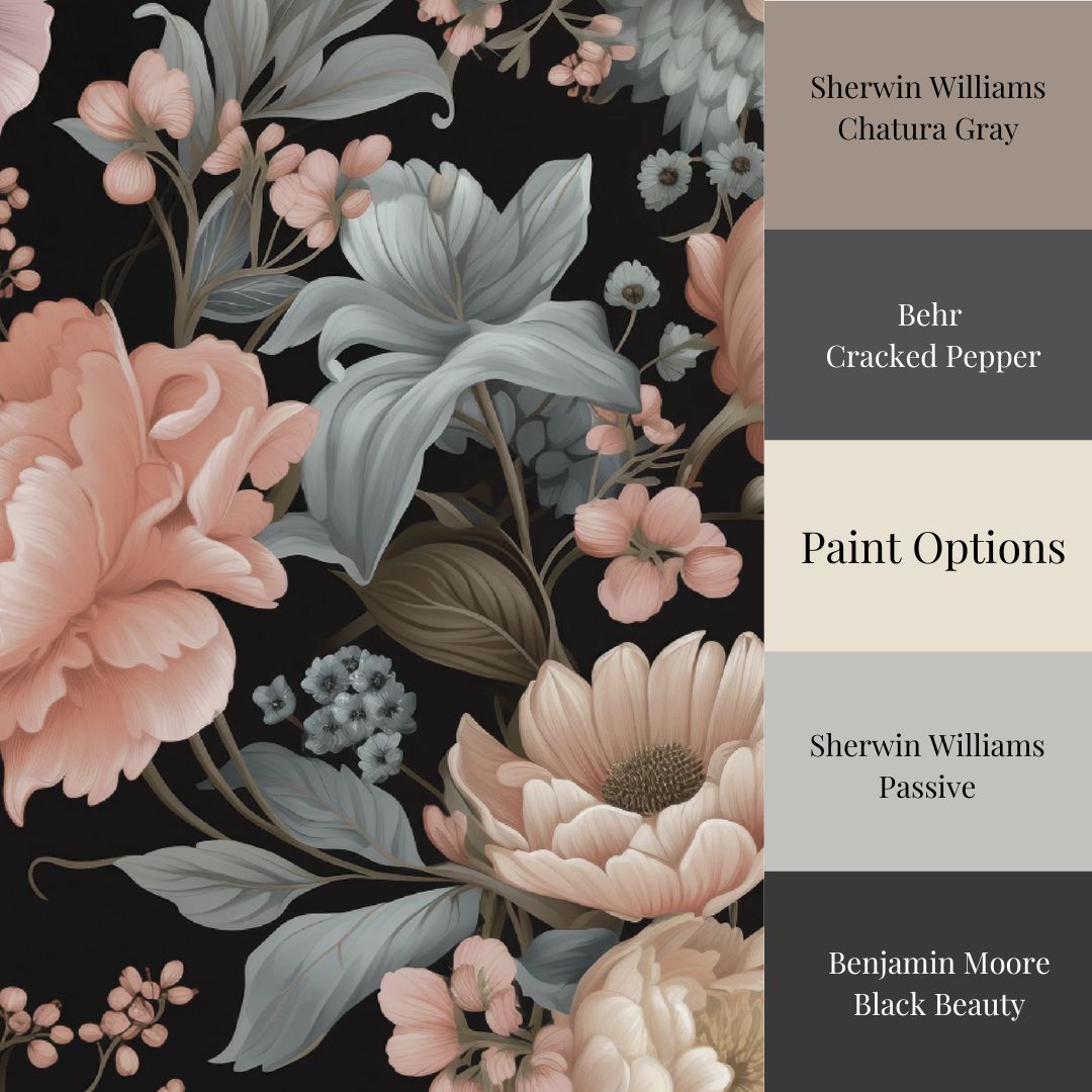 A wallpaper featuring a bold dark floral pattern with peach and soft blush tones, and a color palette guide showing available paint options