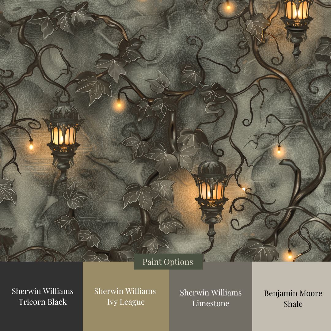A section of wallpaper with an intricate lantern vine pattern in dark green and brown tones, labeled with paint options.