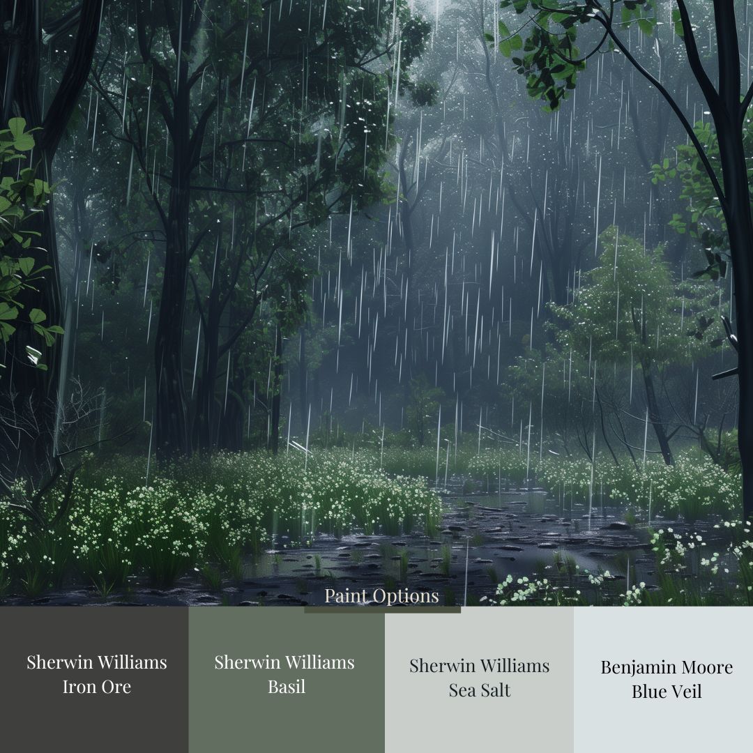 A wall mural featuring a rainy forest scene with lush green trees and misty raindrops, indicating a serene and Cottagecore-inspired atmosphere. Paint options are shown for each section of the image, demonstrating the variety of colors available.