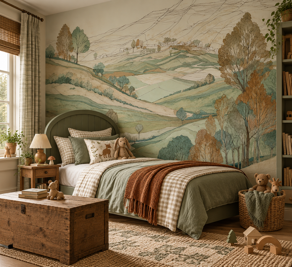 A styled children's bedroom featuring a large wall mural with a pastoral landscape scene of rolling green hills, trees, and a small village. The bed is dressed in sage green and brown plaid bedding, with a rustic wooden trunk, a wicker basket with toys, and a bookshelf in the background.