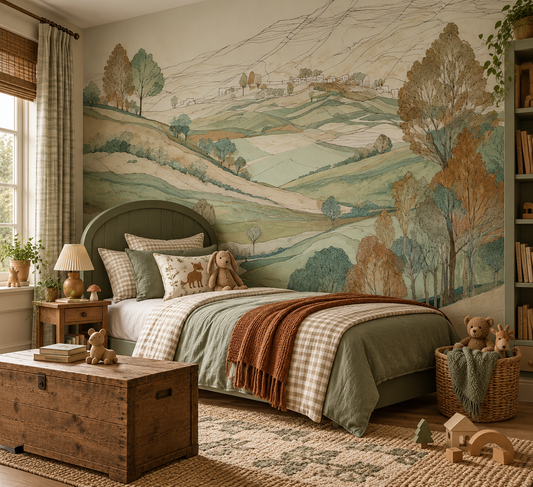 A styled children's bedroom featuring a large wall mural with a pastoral landscape scene of rolling green hills, trees, and a small village. The bed is dressed in sage green and brown plaid bedding, with a rustic wooden trunk, a wicker basket with toys, and a bookshelf in the background.