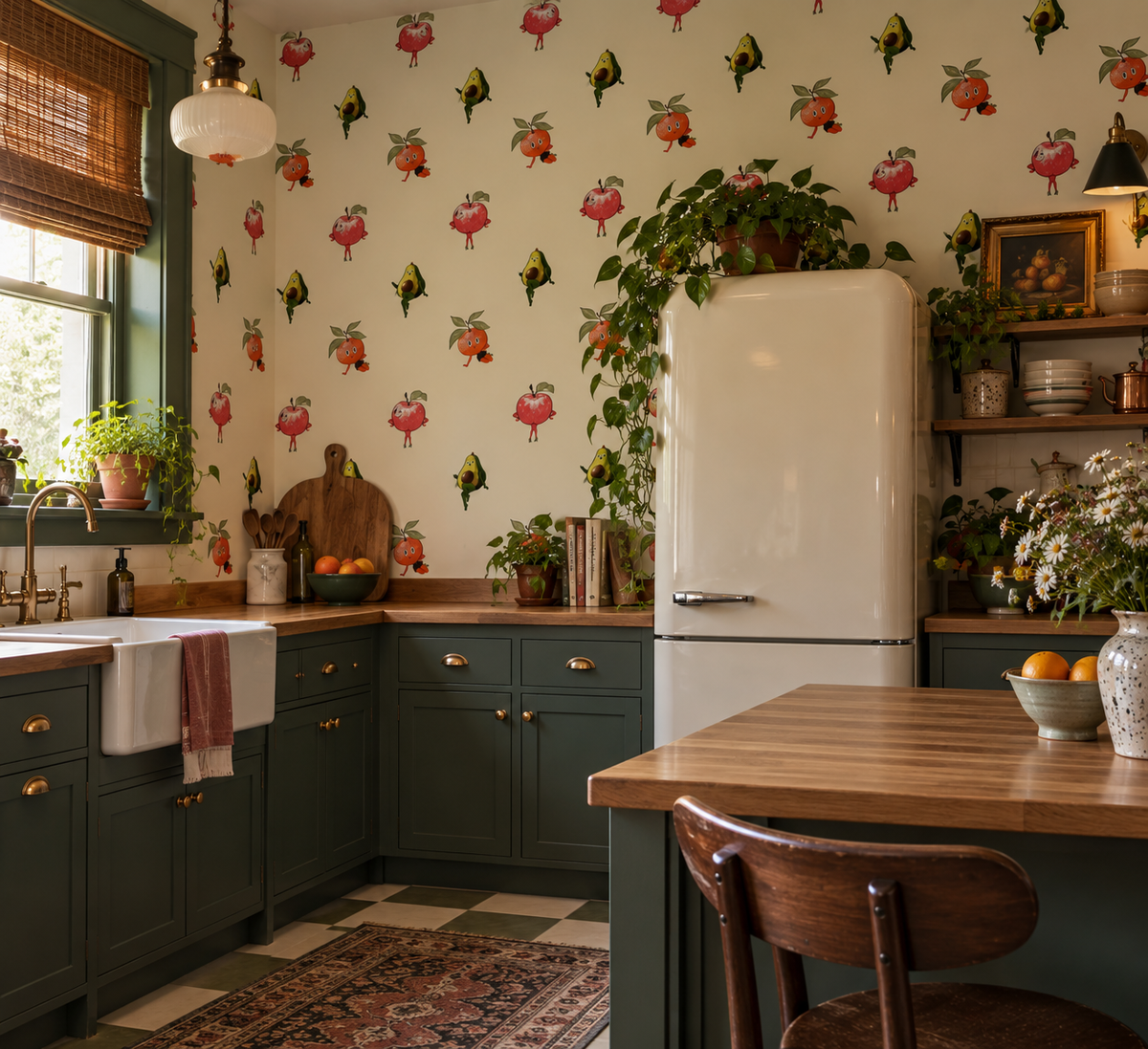 Whimsical Retro Fruit Wallpaper – Apple, Avocado & Orange