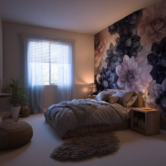 pink and black dahlia large floral print gothic peel and stick wallpaper mural