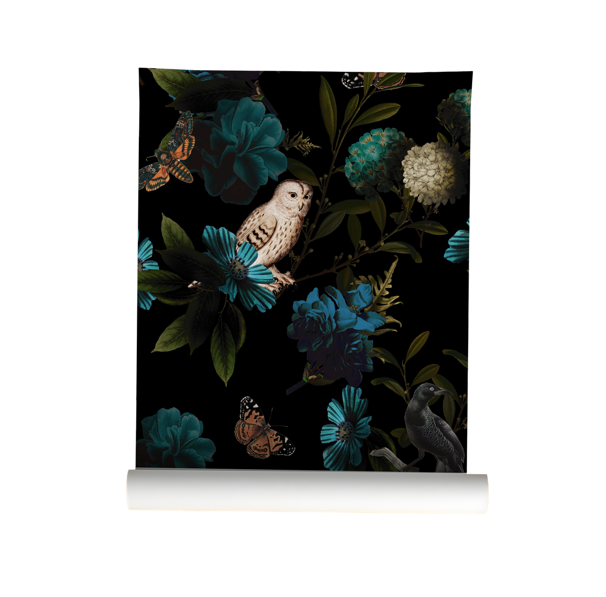 Dark owl and floral wallpaper with teal blue flowers, butterflies, birds and deep green foliage on a black background on roll.