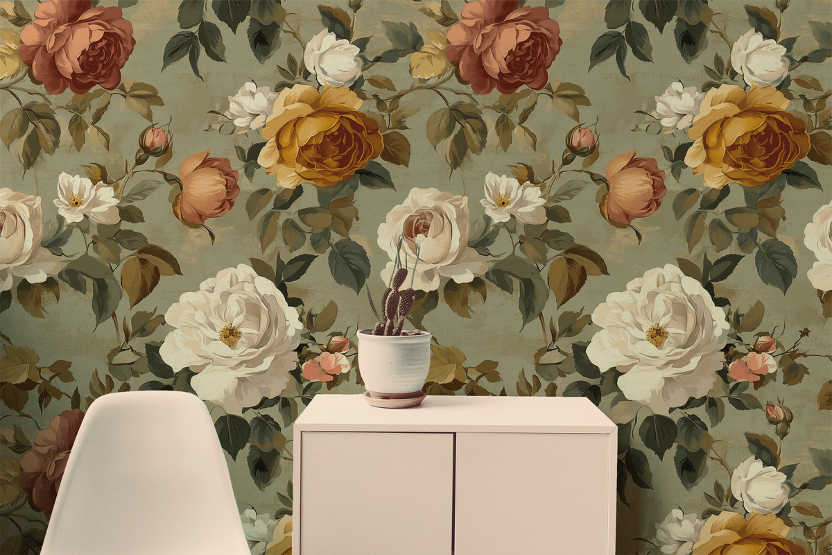 Heirloom Rose - Sage Floral Limewash Wallpaper