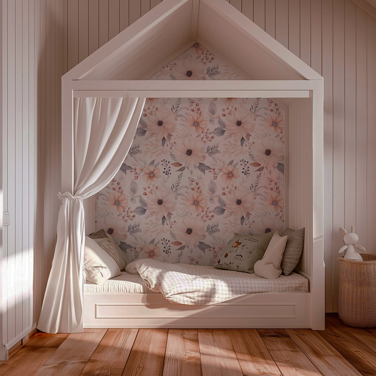 Soft watercolor wallpaper with delicate floral blooms and botanical motifs in blush pink and muted grey tones on a warm white background in girls room