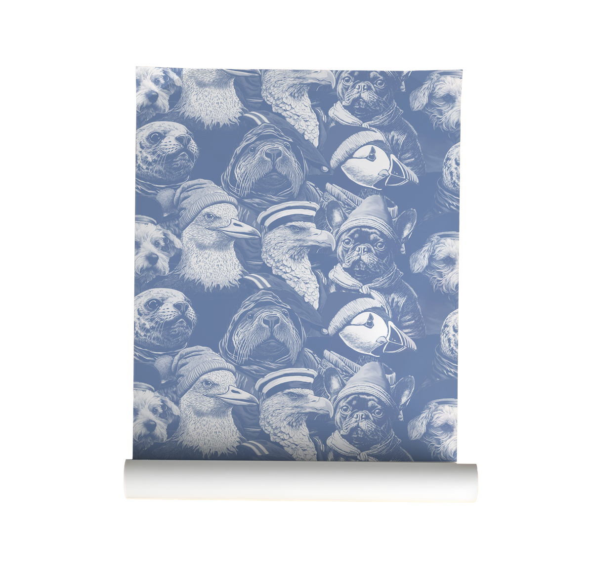 Blue peel-and-stick wallpaper sample featuring detailed illustrated animal portraits, including puffins, eagles, pugs, ducks, and sea otters wearing knit hats and sailor caps in a whimsical nautical style on roll