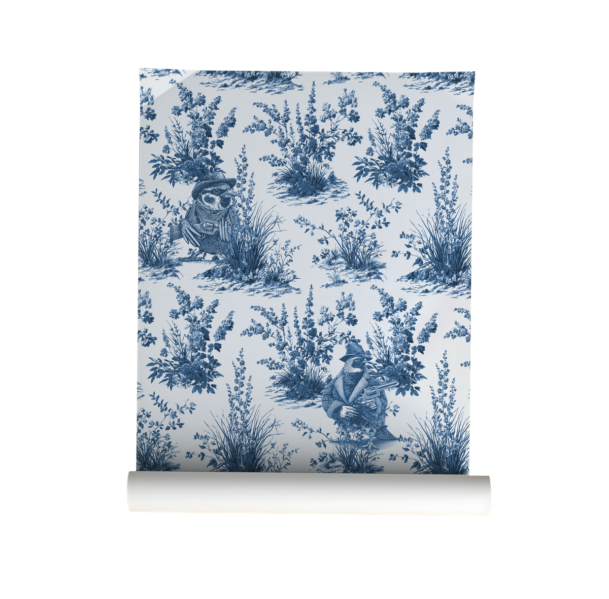 Roll of Blue and white toile peel and stick wallpaper roll featuring vintage western wildlife birds and botanical illustrations, classic toile de jouy repeat pattern in blue ink on white background, removable wallpaper Canada