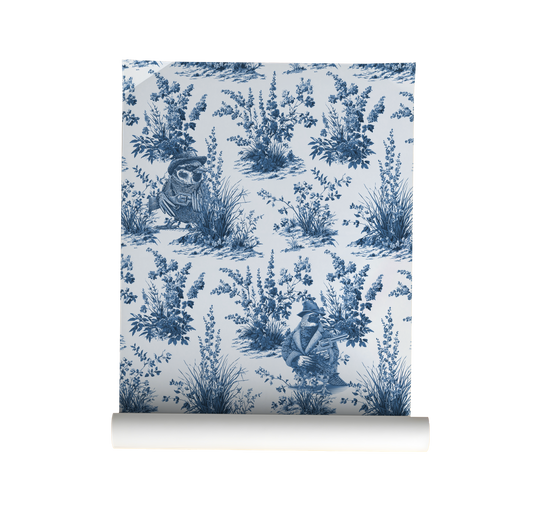Roll of Blue and white toile peel and stick wallpaper roll featuring vintage western wildlife birds and botanical illustrations, classic toile de jouy repeat pattern in blue ink on white background, removable wallpaper Canada