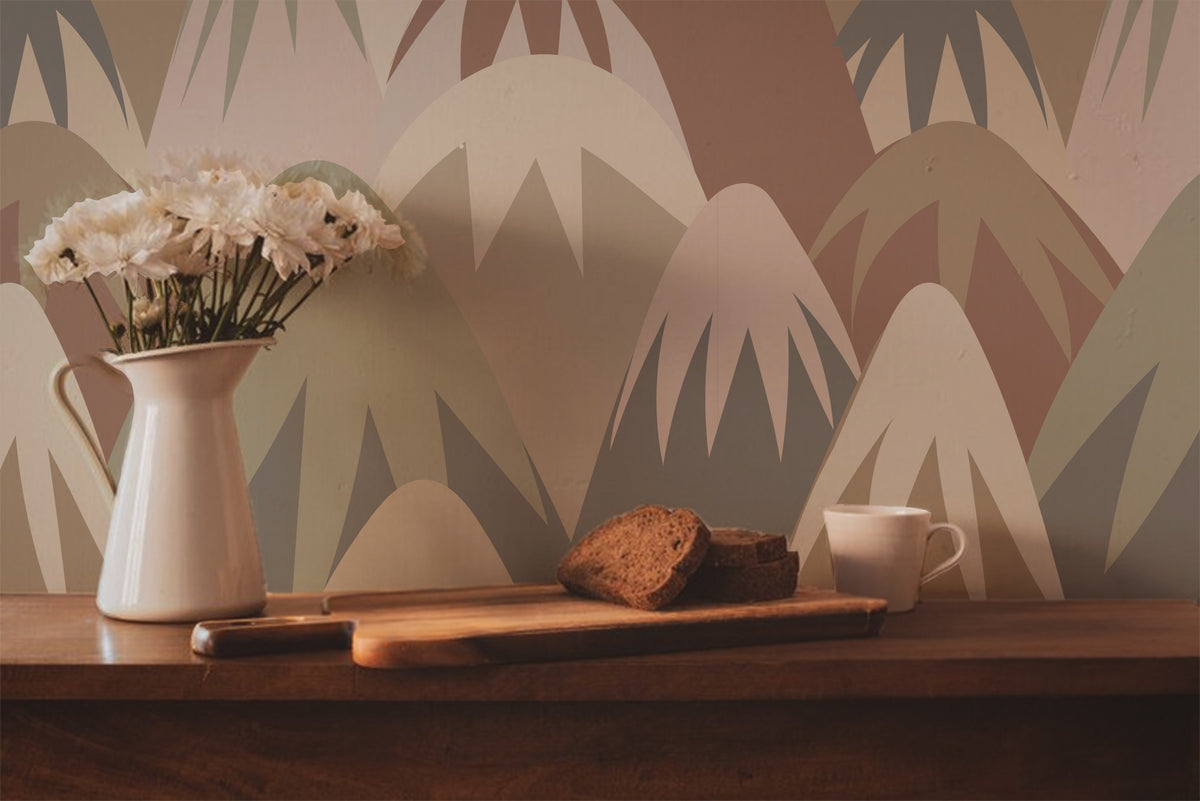 Retro mountain wallpaper featuring layered geometric mountain peaks in muted sage green, terracotta, taupe, cream, and brown tones, creating a playful mid-century modern landscape design in kitchen