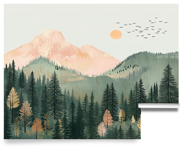Pastel mountain forest wallpaper mural featuring misty evergreen trees, soft peach mountains, and autumn foliage in a serene woodland landscape design.