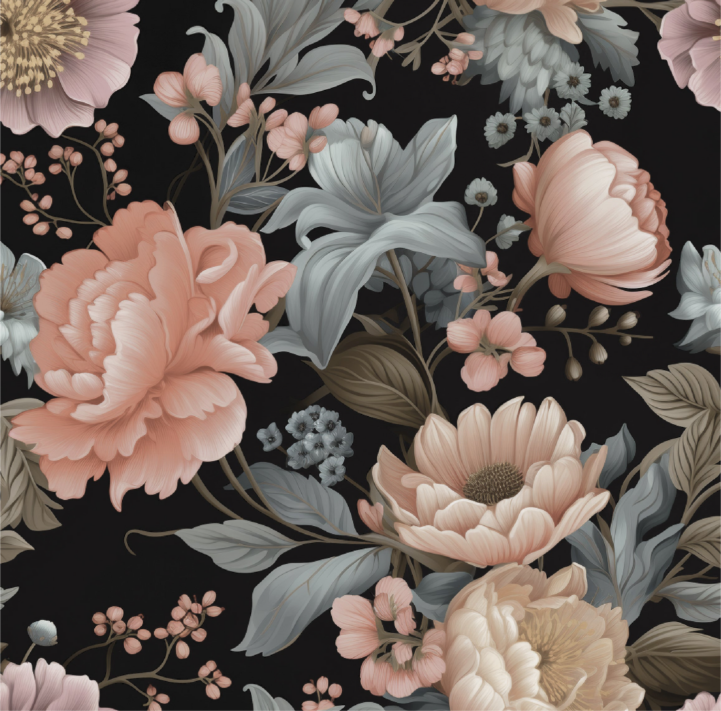 Wallpaper features delicate blooms in soft blush, peach, and muted blue, all set against a bold, dramatic black backdrop. The contrast creates an elegant, eye-catching design that’s perfect for those looking to add a romantic yet modern touch to their interiors. Ideal for bedrooms, living rooms, or feature walls, this wallpaper brings the essence of a twilight garden into your home.