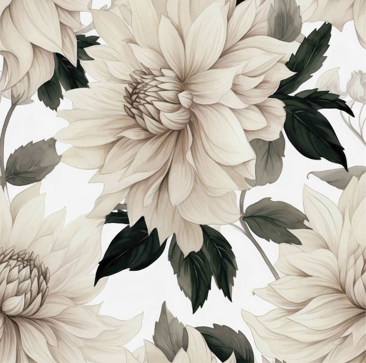Wallpaper featuring soft, oversized dahlias in creamy, neutral tones accented with rich green leaves. This stunning floral design captures the timeless elegance of dahlias, creating a calm and sophisticated atmosphere perfect for any room.