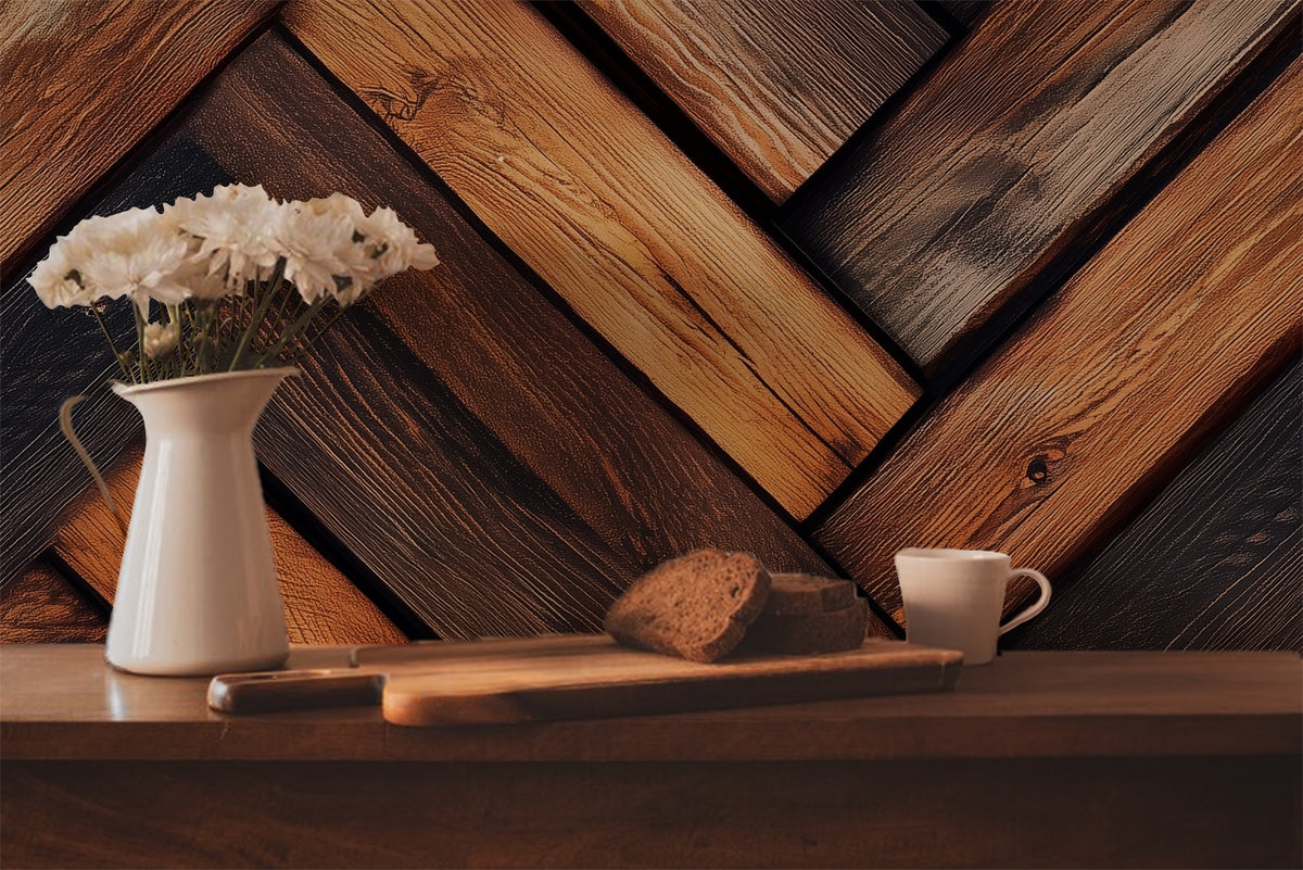 Rustic herringbone wood wallpaper featuring alternating dark walnut and warm natural wood planks with realistic grain patterns, weathered texture, and reclaimed farmhouse character in kitchen