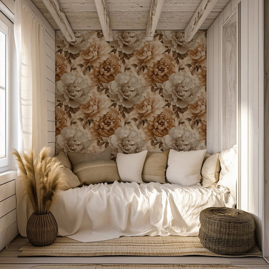 Garden Peonies - Neutral Large Floral Wallpaper