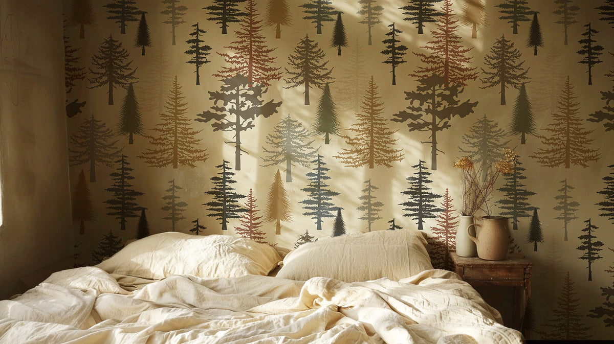 Forest tree wallpaper featuring stylized pine and evergreen trees in sage green, charcoal, taupe, mustard, and rust tones on a warm neutral background, inspired by woodland and cabin décor in bedroom