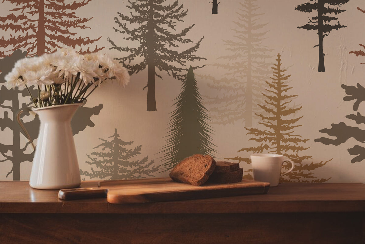Forest tree wallpaper featuring stylized pine and evergreen trees in sage green, charcoal, taupe, mustard, and rust tones on a warm neutral background, inspired by woodland and cabin décor in kitchen