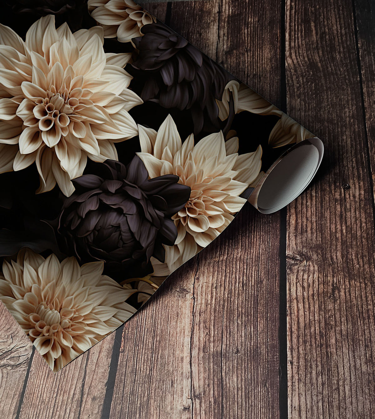 Dark floral wallpaper with large realistic cream dahlias and deep black flowers on a dramatic black background up close