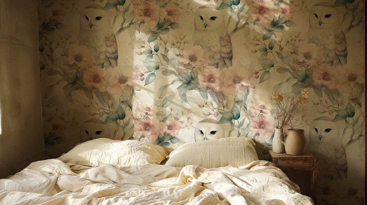 Snowy Owl and Blush Floral - Pink Floral Watercolor Wallpaper