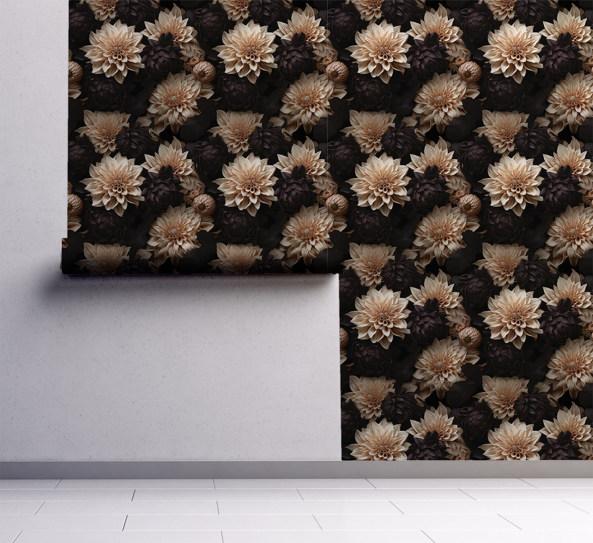 Dark floral wallpaper with large realistic cream dahlias and deep black flowers on a dramatic black background on wall