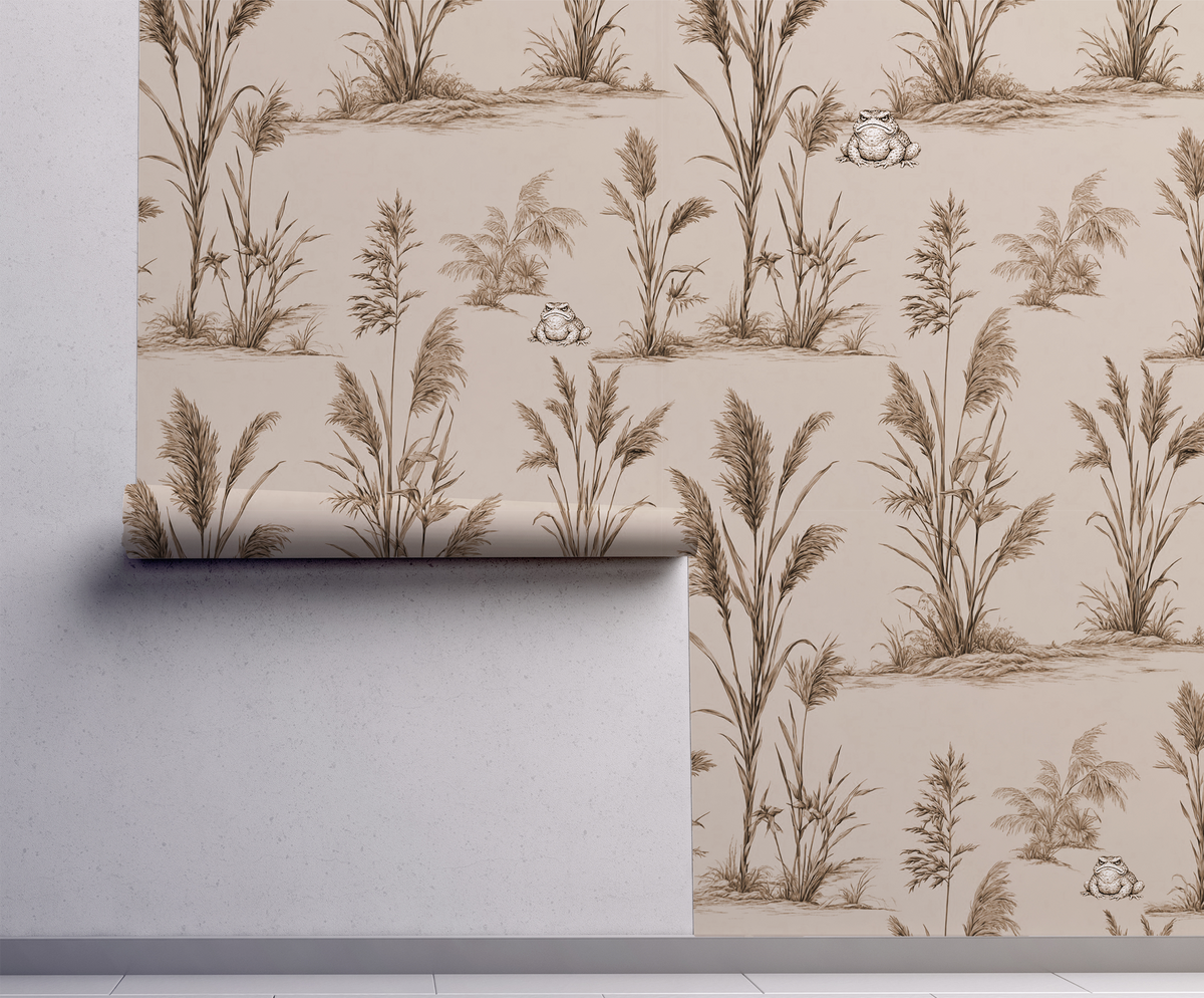 Vintage toad wallpaper with botanical reeds and grasses, sepia nature illustration, moody cottagecore wall design with whimsical frog on wall