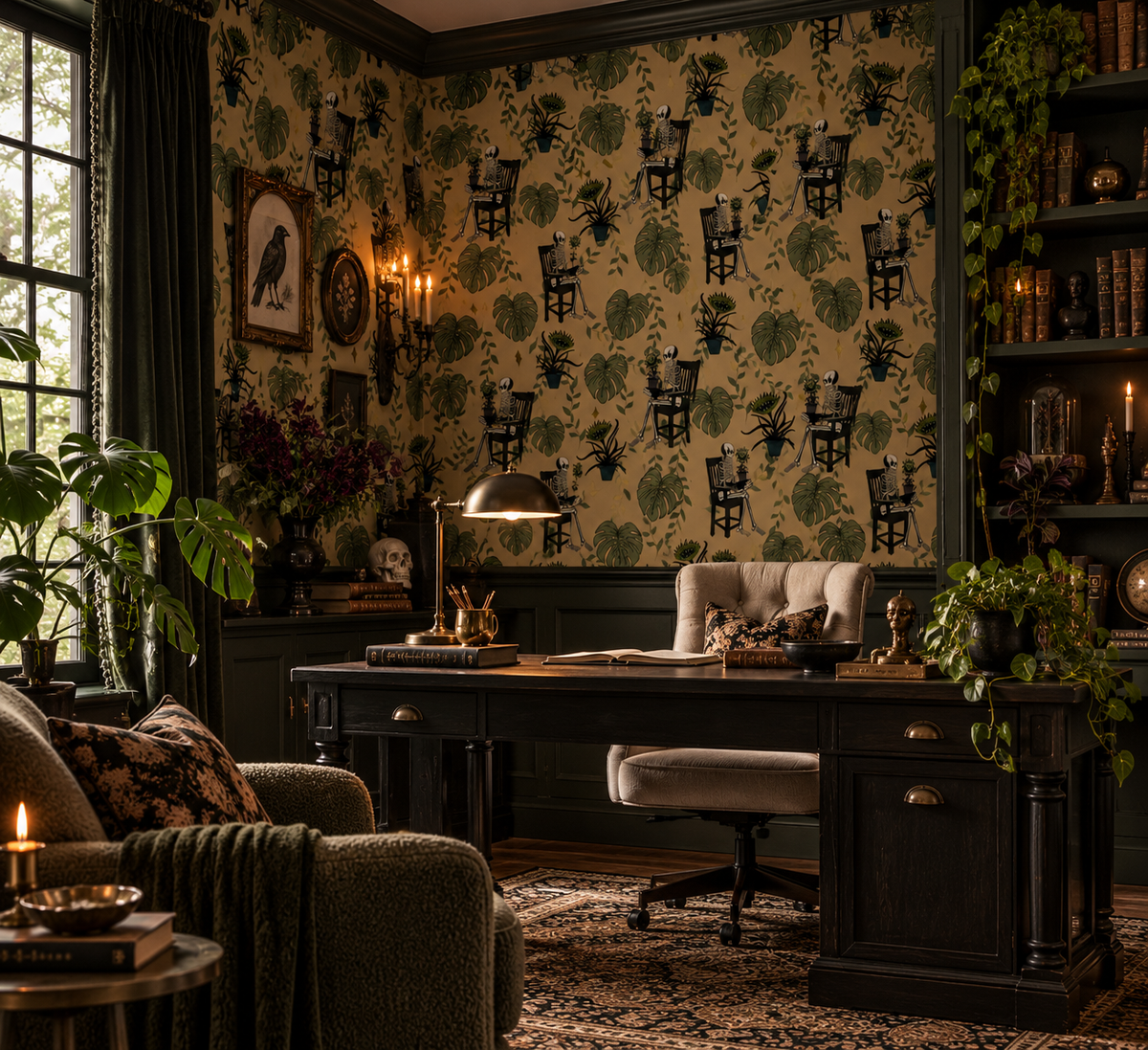 The Patient Gardener | Whimsigoth Skeleton Botanical Peel and Stick Wallpaper