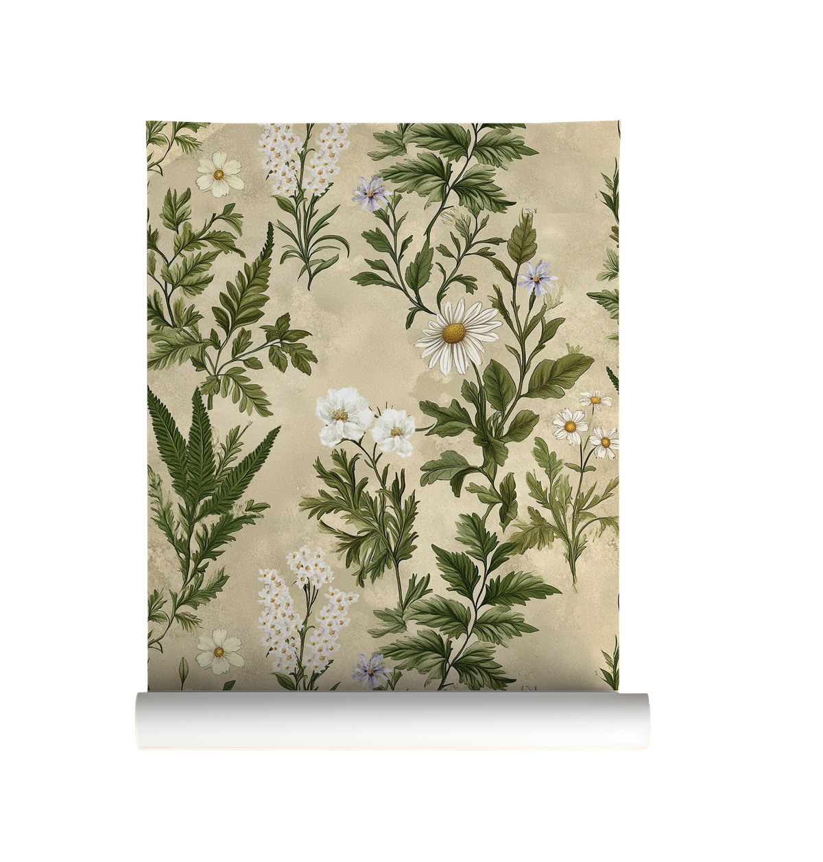 neutral wildflower wallpaper featuring delicate hand-drawn stems, seed heads, and meadow blooms in muted taupe and cream on roll