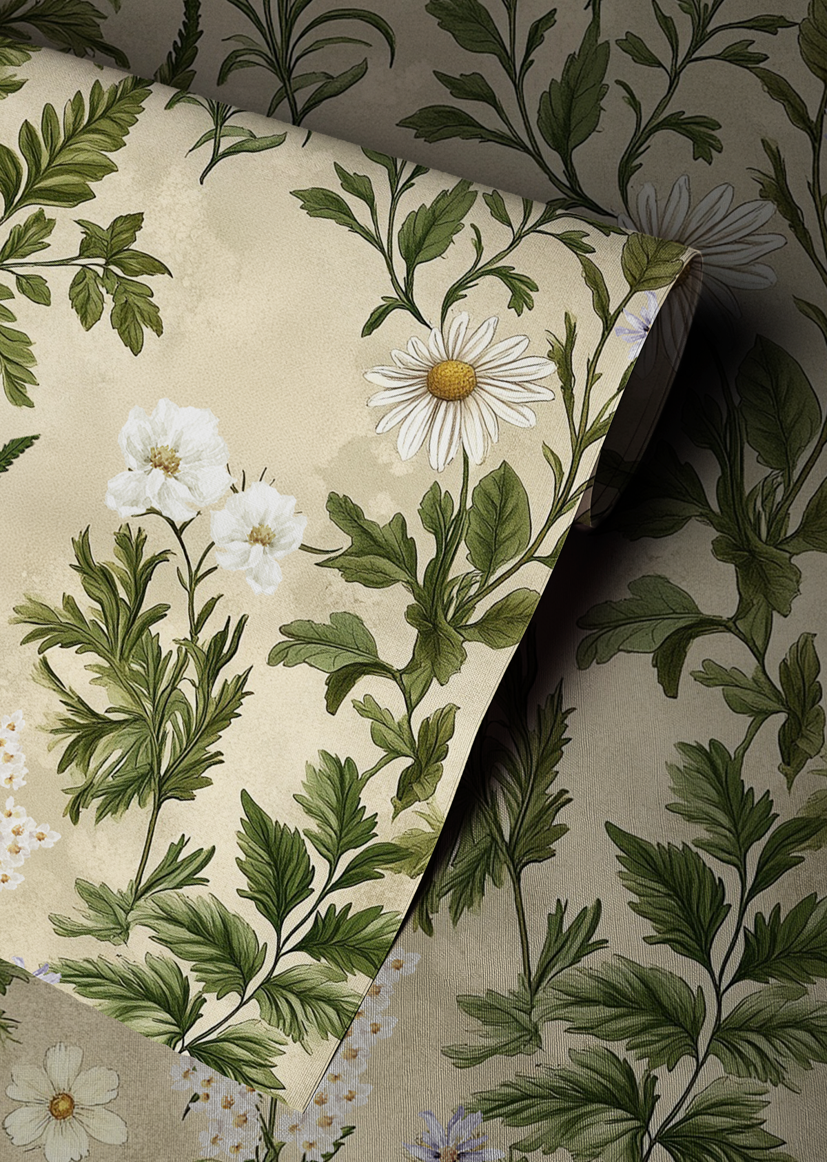Close-up of floral and leaf patterned fabric with white flowers and green leaves.