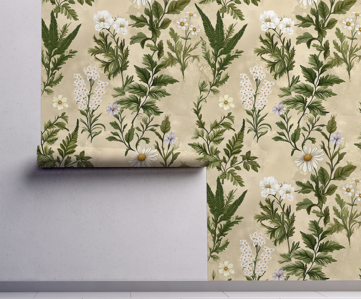 Wall with neutral wildflower wallpaper featuring delicate hand-drawn stems, seed heads, and meadow blooms in muted taupe and cream