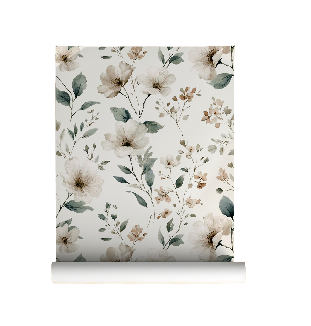 Neutral wildflower floral wallpaper with beige flowers and soft green leaves, vintage botanical peel and stick wallpaper roll