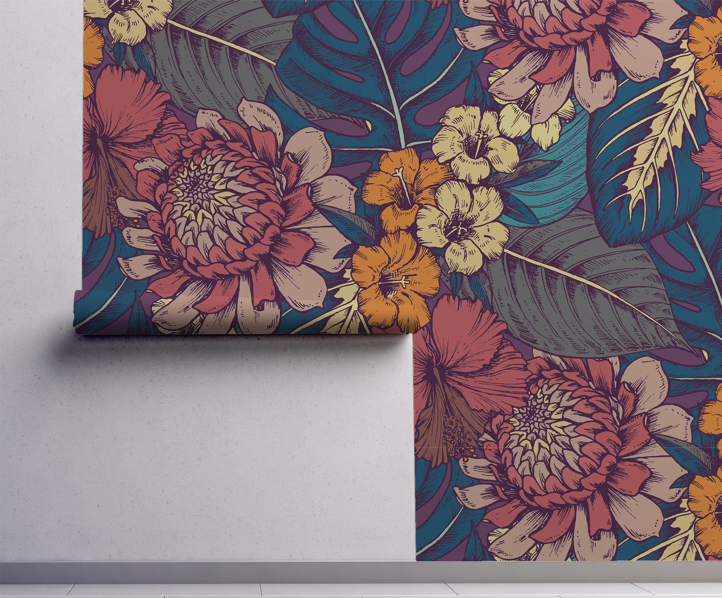 Moody chrysanthemum floral wallpaper with vintage botanical flowers in coral, mustard, and teal, dark cottagecore peel and stick wallpaper On wall
