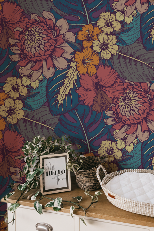 Moody chrysanthemum floral wallpaper with vintage botanical flowers in coral, mustard, and teal, dark cottagecore peel and stick wallpaper In room