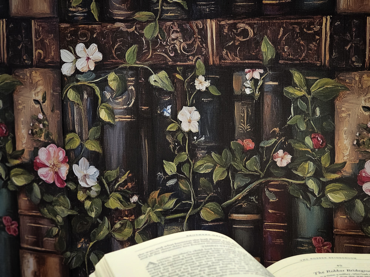 Bookshelf wallpaper peel and stick, dark academia library wall mural with antique books, flowers, and botanical vines up close