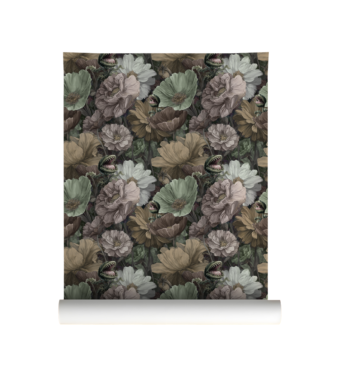 Dark botanical floral wallpaper featuring oversized vintage-style blooms in muted sage green, dusty mauve, ivory, taupe and beige, with hidden Venus flytraps among dense foliage on a deep charcoal background on roll