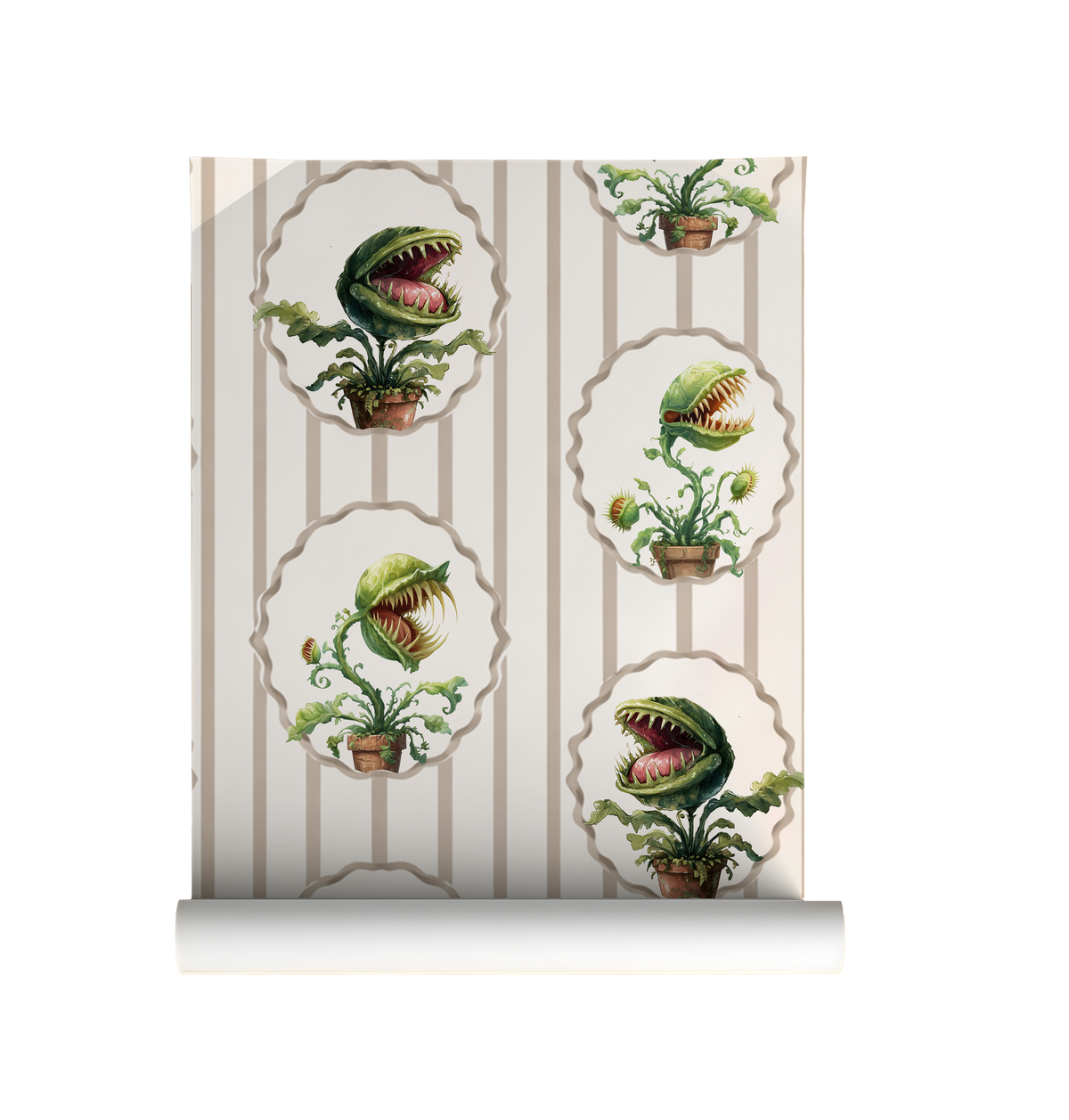 Peel-and-stick wallpaper sample featuring watercolor-style Venus flytraps in scalloped frames over soft beige vertical stripes on a cream background on roll
