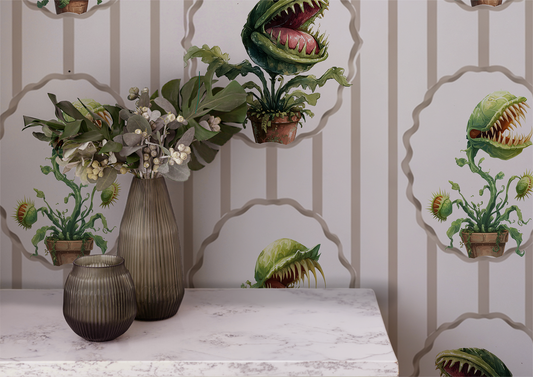 Peel-and-stick wallpaper sample featuring watercolor-style Venus flytraps in scalloped frames over soft beige vertical stripes on a cream background up close