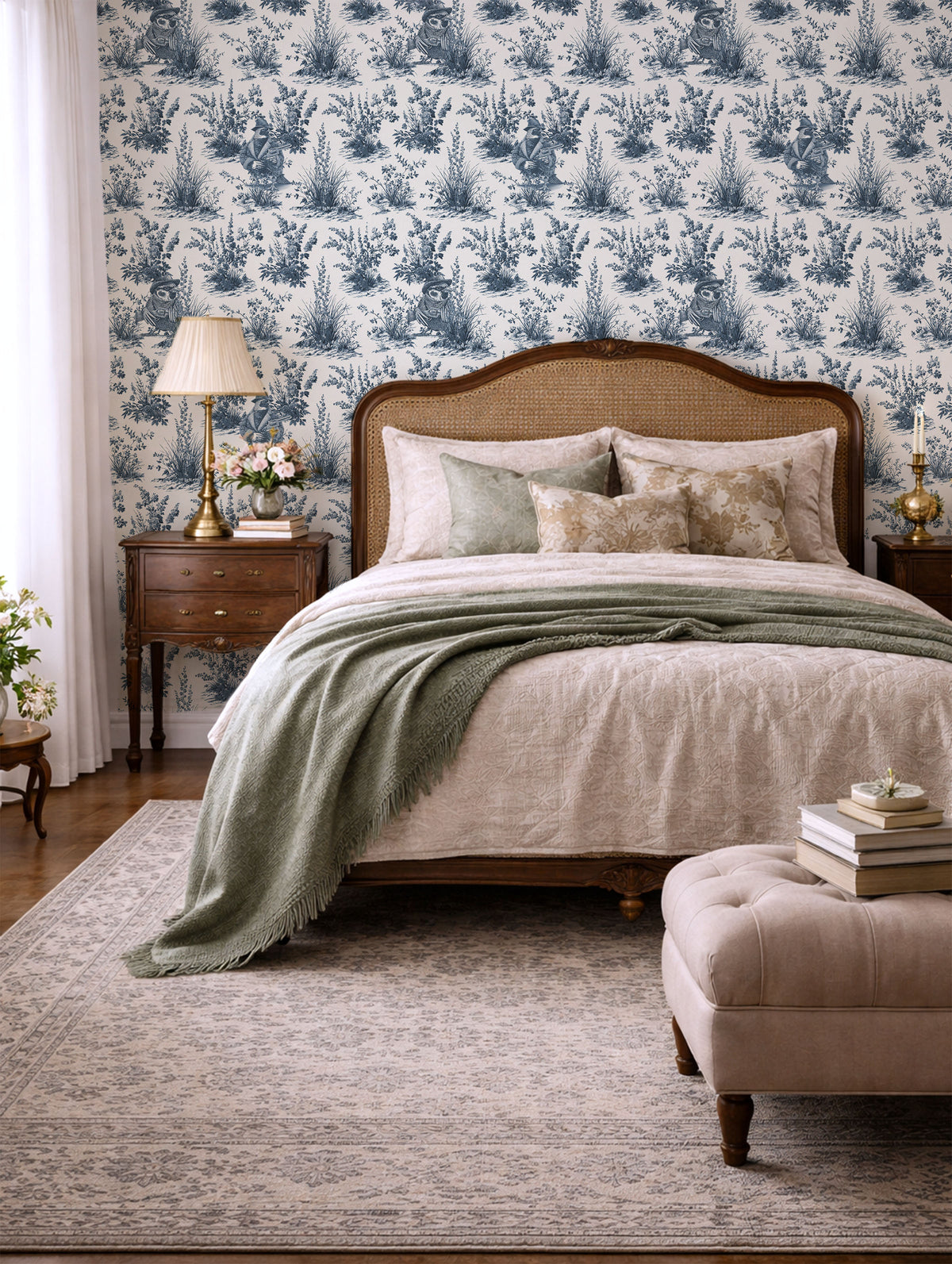 Blue and white toile peel and stick wallpaper roll featuring vintage western wildlife birds and botanical illustrations, classic toile de jouy repeat pattern in blue ink on white background, in bedroom, removable wallpaper Canada