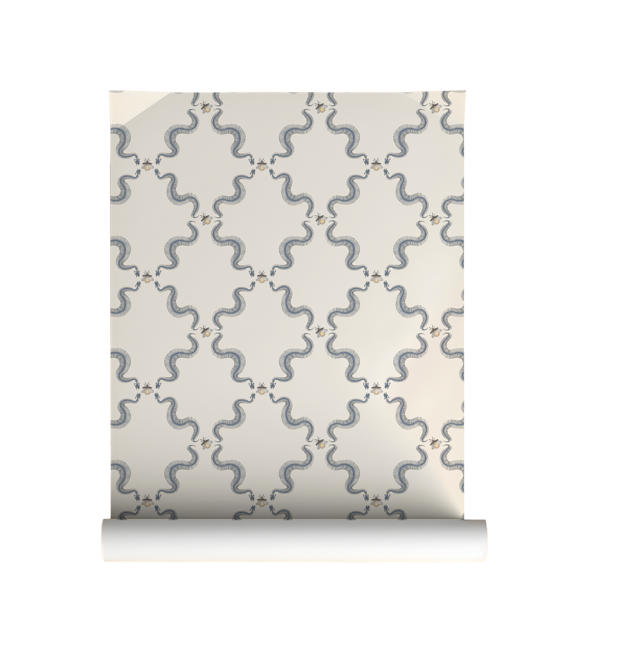 Snake skeleton wallpaper with repeating skeletal serpents and small bees, vintage peel and stick wallpaper pattern on roll