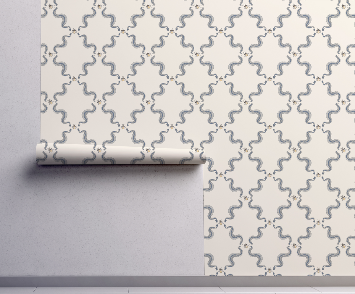 Snake skeleton wallpaper with repeating skeletal serpents and small bees, vintage peel and stick wallpaper pattern on wall