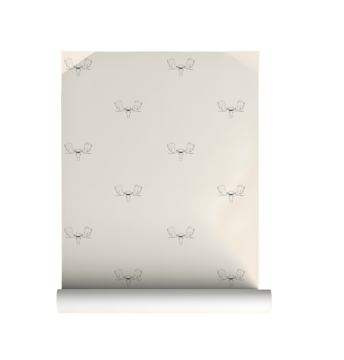 Minimal wallpaper with repeating moose head illustration wearing a top hat, subtle whimsical peel and stick wallpaper pattern on roll