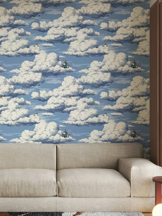 Whimsical cloud wallpaper with a unicorn smoking a pipe and a small bird perched on clouds, vintage sky illustration, playful fantasy peel and stick wallpaper in living room