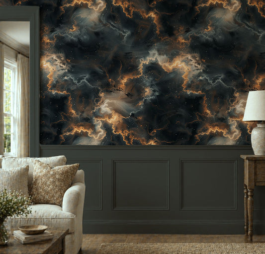 Golden Storm – Black and Gold Abstract Nebula Wallpaper