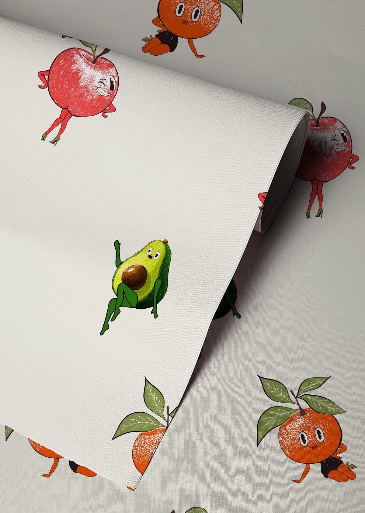 Retro fruit wallpaper with quirky pin up style oranges apples and avocados on a neutral background in a playful kitchen interior style