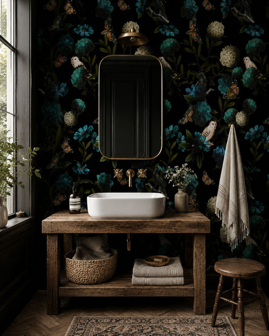 Dark owl and floral wallpaper with teal blue flowers, butterflies, birds and deep green foliage on a black background in powder room.