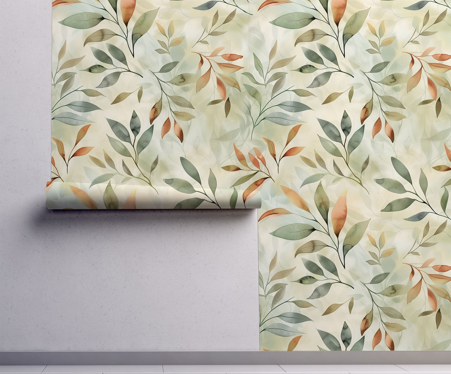 Botanical wallpaper featuring watercolor leaves in sage green, terracotta, and beige tones on a soft neutral background.