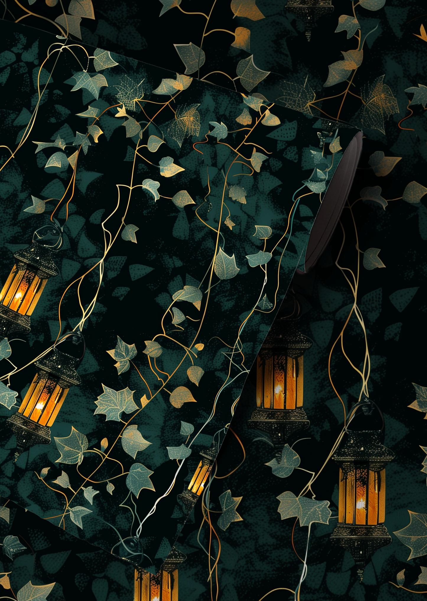 Dark cottagecore wallpaper featuring glowing vintage lanterns hanging among trailing ivy vines and lush botanical foliage.