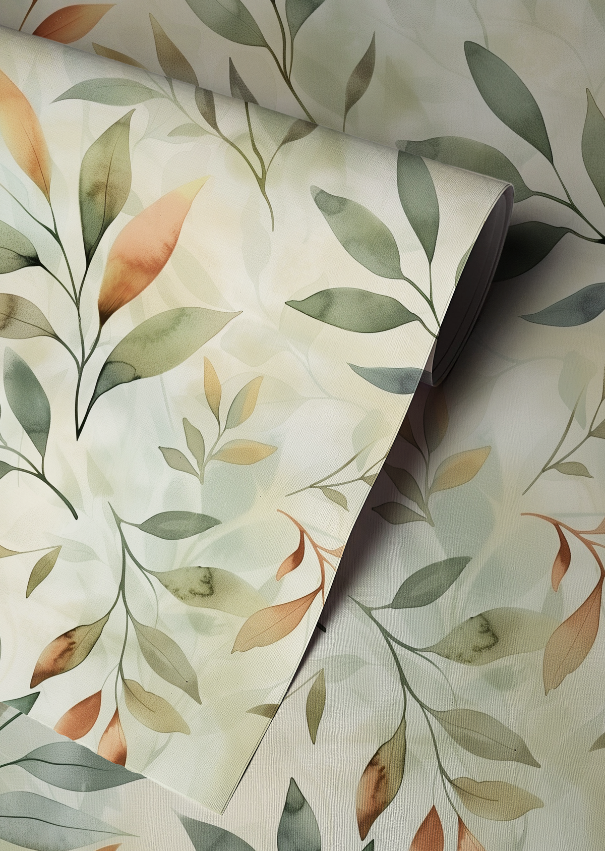 Botanical wallpaper featuring watercolor leaves in sage green, terracotta, and beige tones on a soft neutral background.
