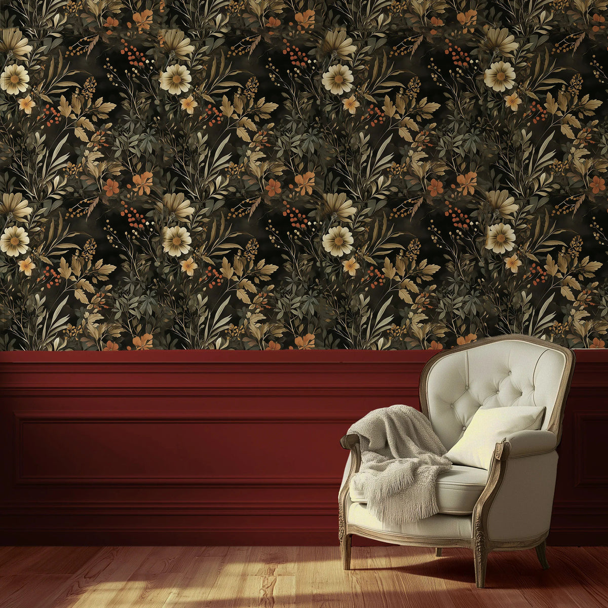 Dark floral wallpaper featuring vintage wildflowers, botanical foliage, and warm autumn tones on a black background,