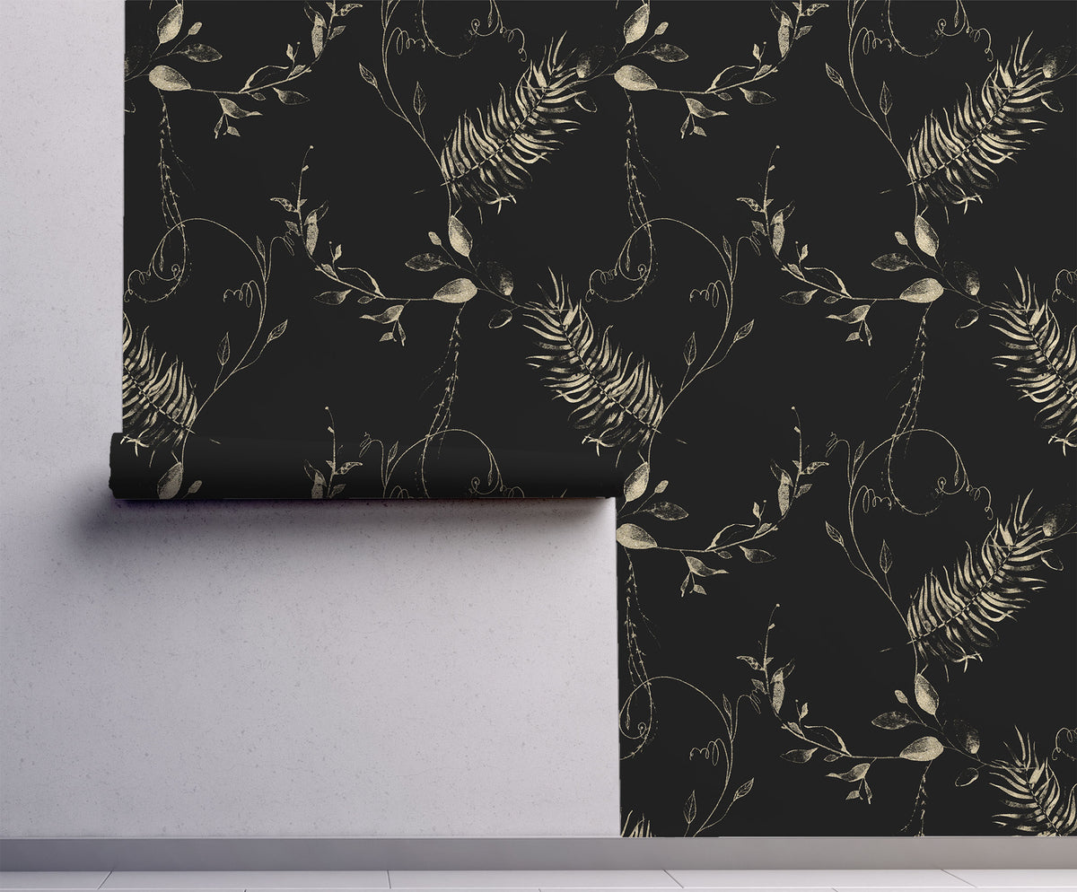 Black botanical wallpaper with vintage beige fern fronds, leafy branches and delicate curling vines on wall.