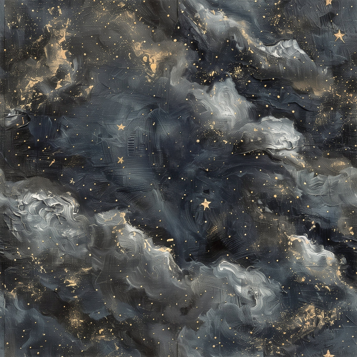 Dark celestial wallpaper with painterly charcoal and grey clouds, scattered gold stars and subtle metallic-style speckles desing